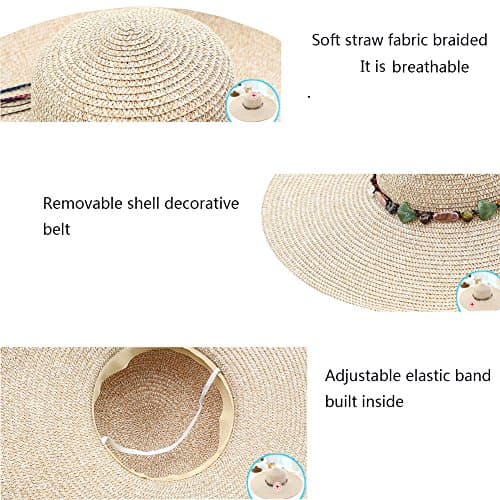 Adrinfly Women Foldable Floppy Wide Brim Straw Sun Hat Travel Packable Adjustable Summer Beach Accessories Hat UV UPF 50+, Khaki, One Size — view 4