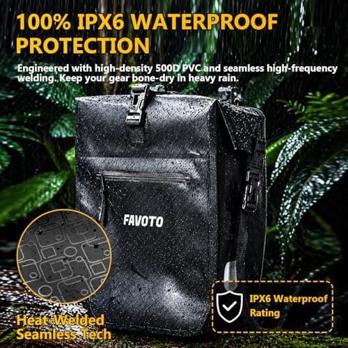 Favoto Bike Panniers Bag Waterproof - 48L Large Capacity Bicycle Rear Rack Bags with Quick Release Buckles Laptop Sleeve, 500D PVC Heavy Duty Cycle Cargo Bag for E-bike, Commuting Grocery - 2PCS Black — view 3