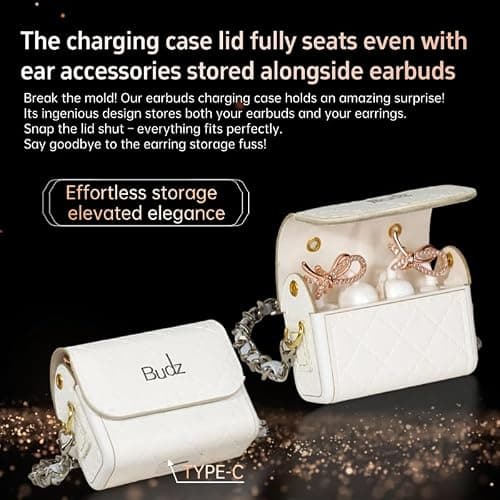 BUDZ Wireless Earbuds with Gift Box for Women, Bluetooth 5.4 Headphones with leather bag, Hi-Fi Dual-Magnetic Diaphragm Earphone, 36H Battery, ANC, 360° Spatial Immersion (Pearl White) — view 5