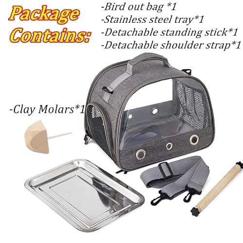 Bird Carrying Backpack,Travel Bag,Stainless Steel Tray Stand Perch,Portable,Washable,Outdoor,for Parrot Hiking,Camping,with 1 Stone Molars-Grey — view 2