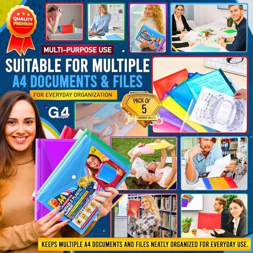 5 Assorted Color A4 Popper Wallets - Clear Plastic Paper Wallets for Document Storage and Office Organization Supplies - Lightweight Transparent Folders with Snap Closure — view 6