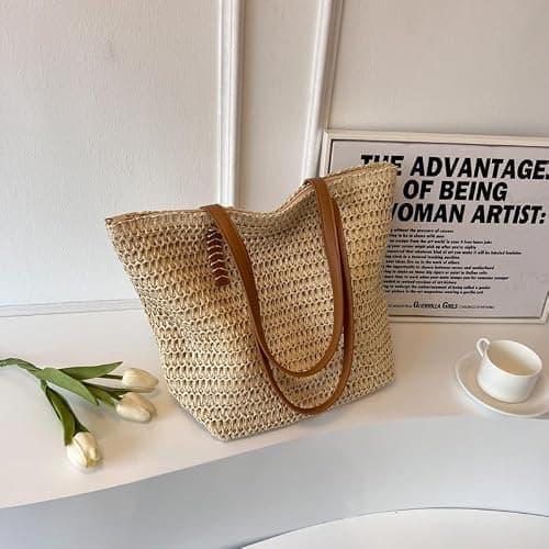 Aucuu Straw Shoulder Bag, Straw Bag for Women, Beach Bag, Large Zippered Handbag Tote Bag, Bohemian Summer Handheld Shoulder Bag for Outdoor Travel and Beach (Off White) — view 3