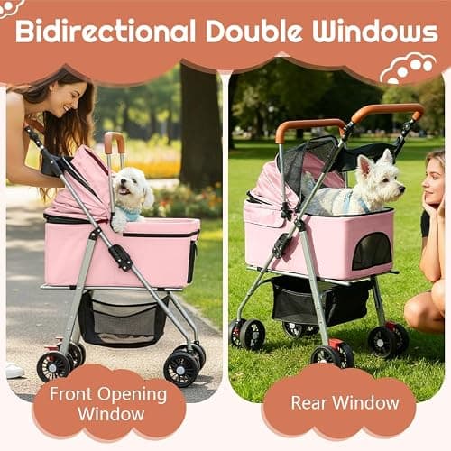 Simcat Pet Stroller for Small Dogs Cats, Foldable Cat Dog Pram for Medium Dogs with 360 ° Wear-Resistant Rubber Wheels Dog Travel Carrier (Pink) — view 3