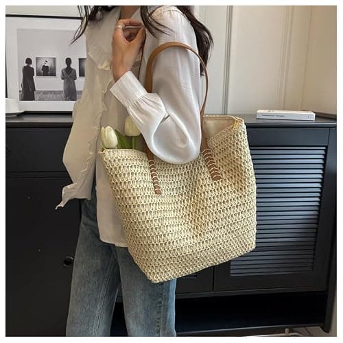 Aucuu Straw Shoulder Bag, Straw Bag for Women, Beach Bag, Large Zippered Handbag Tote Bag, Bohemian Summer Handheld Shoulder Bag for Outdoor Travel and Beach (Off White) — view 2