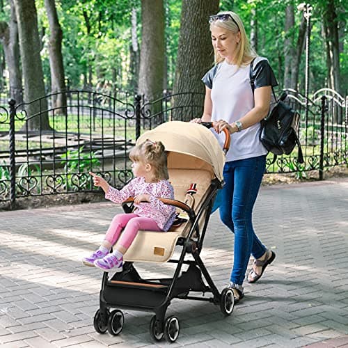 COSTWAY Lightweight Baby Stroller, One-Hand Foldable Infant Pushchair with 5-Point Harness, Adjustable Backrest/Footrest/Canopy, Compact Travel Buggy for 0-3 Years (Beige) — view 6