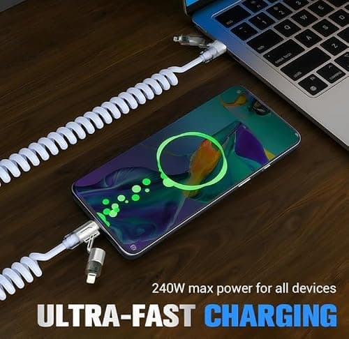 Mciluyaiio 240w 4-in-1 Retractable Coiled Charging Cable, Vehicle-Mounted Spring Data Cable, Universal 78in Multi-Port Charger Cord, Multi-Port Charger Cord for All USB-Compatible Devices (Gold) — view 4