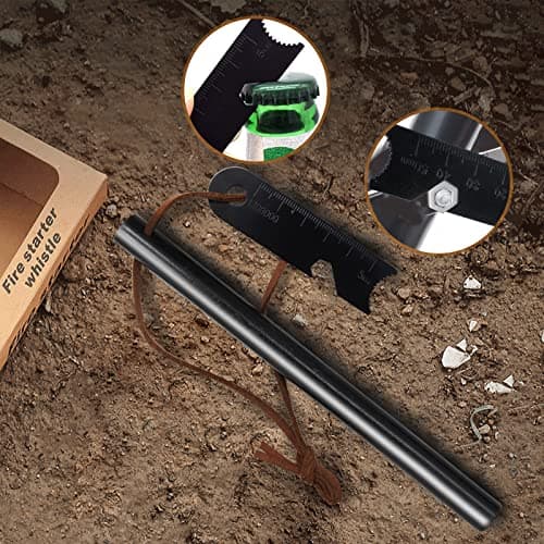 BCHARYA Round Solid Ferro Rod & Jumbo Tinder Rope, Survival Igniter with Neck Lanyard & Multi-Tool Striker Lanyard, Pocket Fire Bellow — view 6