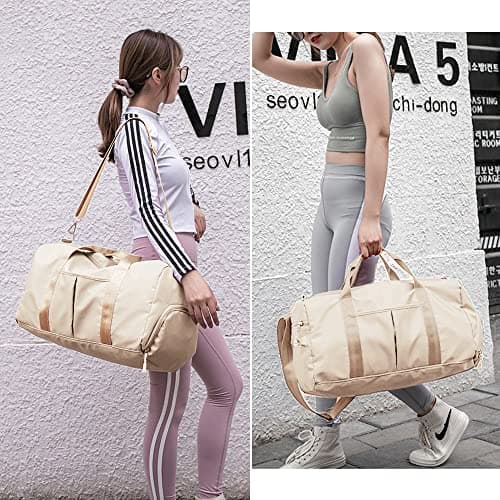 Gym Bag for Women and Men, Travel Duffel Bag for Sports and Weekend Getaway, Waterproof Dufflebag with Shoe and Wet Clothes Compartments, Beige — view 2