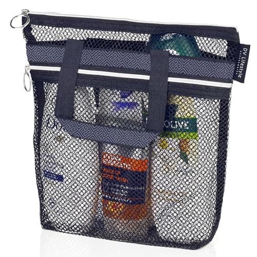 DV Lifestyle Mesh Shower Bag 25 x 26cm Caddy with Zipper & 2 Pockets. Quick-Dry Portable Toiletry Tote for Bathroom, Gym, Travel, Camp, Beach, for Sunscreen, Dorm & College Essentials (Black)