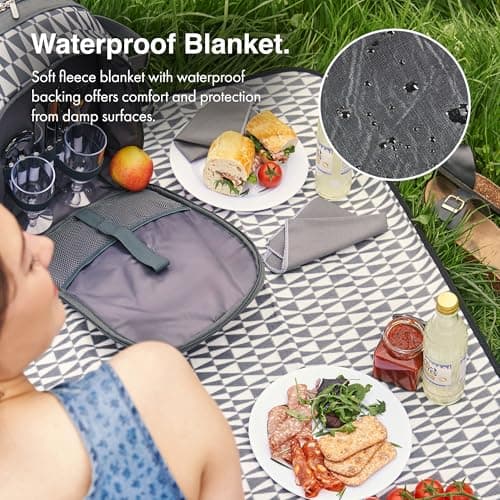 VonShef Picnic Backpack, 2 Person Grey Picnic Bag with Full Dining Set, Insulated Cooler Compartment & Large Waterproof Picnic Blanket, Lightweight Water Resistant Camping Accessories — view 3