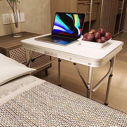 Folding Tables, Aluminum Picnic Table with 2 Adjustable Height (26/56cm), 2ft Camping Table with Carrying Handle, Lightweight for Picnic, Barbecue, Fishing, Outdoor, Indoor, L60 x W45 x H56 cm, White — view 2