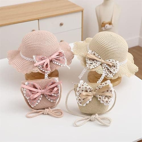Moonlove Toddler Girls Straw Sun Hat and Mini Purse Set with Floral Lace Bow, Travel Bucket Hat & Cross Body Bag Sun Protection Outing Outdoor Garden Summer Beach Accessories for Kids 2-5Y — view 3