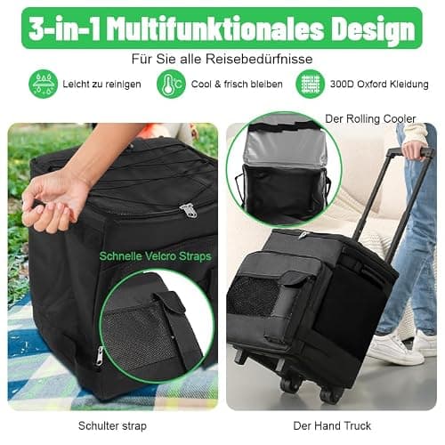 Rolling Cooler Bags 43 Litres, Collapsible Insulated & Leakproof Soft Cool Bag on Wheels, Waterproof with Dual Zipper, Oxford Cloth, Perfect for Camping, Picnics, BBQs & Beach Trips — view 2