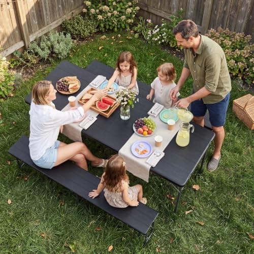 Aoxun Foldable Camping Table & Folding Picnic Table Set–Portable Fold Up Table with 2 Benches,Metal Frame,178x66x74cm Table & 160x25x40cm Benches,Ideal for Outdoor Garden Camping(Black) — view 2