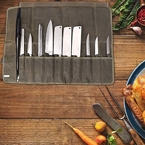 QEES Chefs Knife Roll Bag 11 Slots, Heavy Duty Waxed Canvas Knife Bag, Waterproof Knife Case for Camping, Hiking, Multi-function Tool Roll Bag (Army green) — view 6