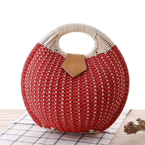 Hixingo Women Handbag Straw Bag, Round Summer Beach Hand-Woven Bohemian Straw Bag Purse Tote Bag for Gift Holiday Travel Shopping (Red,28x26x15cm) — view 2