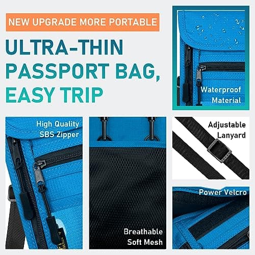 sundee Travel Neck Wallet with Double Zippers, RFID Blocking Passport Holder with Adjustable Neck Strap for Men and Women to Keep Cash, Credit Cards and Travel Documents Safe, Lake Blue, Small, — view 3