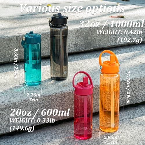 GOPPUS 600ml/20oz Clear Water Bottle with Straw, Tritan Leakproof Sports Drinking Bottle, BPA Free Wide Mouth Gym Bottle with Handle and Measurement Marks for School, Gym, Travel (Teal Blue) — view 2
