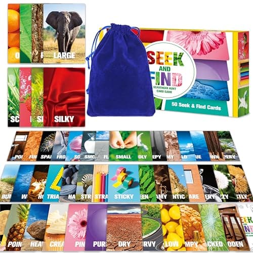 Seek and Find Scavenger Hunt Card Game, 50 Seek and Find Cards, Funny Games for Family, Toddlers, Kids, Adults-Outside, Yard, Camping Activities
