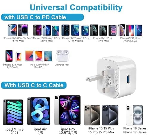 USB C Plug,3 Pack USBC iPhone 17 16 15 Charger UK Wall Plug 20W Type C Port Fast Charging Head Plug Compatible with i Phone 17 ProMax/17Air/16e/16Plus/16 Pro,15/14/13/12,Apple Watch,iPad Pro Air Mini — view 5