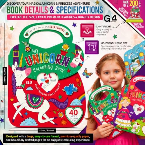 G4GADGET Colouring Books Set of 2 with Stickers | Princess & Unicorn | 80 Pages to Colour | Magical Colouring & Activity Books | Unicorn & Princess Colouring Book Set — view 4