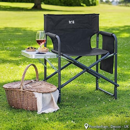 Trail Folding Directors Chair With Side Table, Cup Holder, Storage Pocket, Outdoor Camping Garden Seat, Storage Pocket, Padded Armrests, Heavy Duty Steel Frame,120kg Capacity (Black) — view 2
