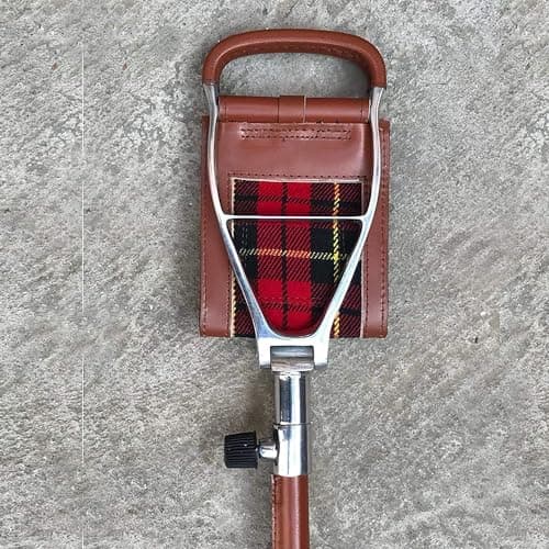 Generic Folding Camp Chair with Adjustable Walking Stick, Brown Leather, Scottish Tartan Insert — view 3