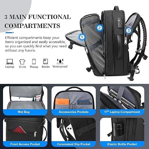 LOKASS Vacuum Seal Compression Travel Backpack 60L Expandable, Anti Theft Travel Cabin Bag, Water Resistant Carry on Backpack, School Rucksack Gift for Men and Women, Black — view 6