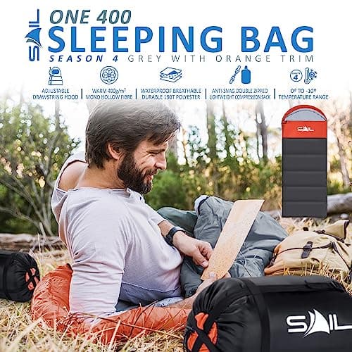 SAIL Sleeping Bag for Adults & Kids, 4 Season Autumn/Winter 400GSM - Thermal, Waterproof, Lightweight, Compact - Ideal for Camping, Hiking & Backpacking - Orange — view 2