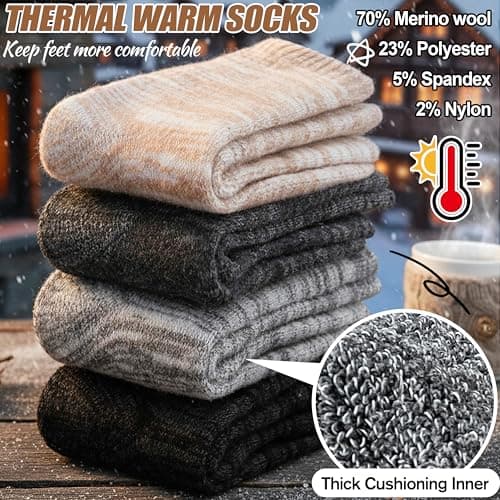 EBMORE Merino Wool Thermal Warm Socks for Women Men Thick Winter Walking Hiking Cosy Crew Comfy Gifts Socks 4 Pairs Stocking Fillers(Beige/Grey/Dark Grey/Black, 3-7) — view 3