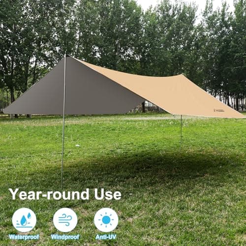 WADEO Camping Tarp Shelter with Poles, Waterproof Heavy Duty Bushcraft Tarp, Rain Fly Hammock Cover, Outdoor Shelter for Camping, Hiking, Festival (Khaki - 3x3.6m) — view 5