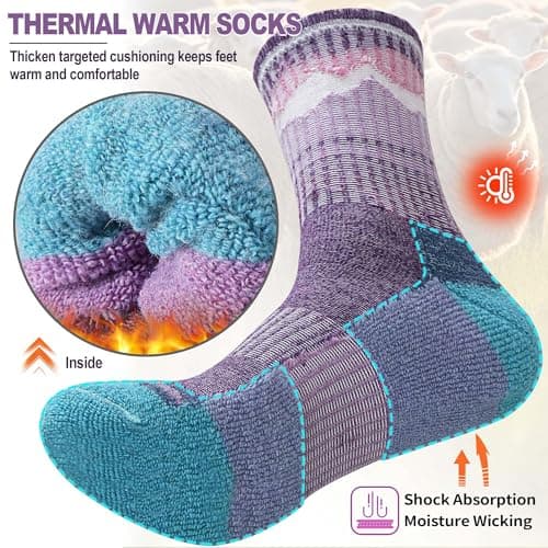 Sandsuced Womens Merino Wool Hiking Socks Thermal Winter Warm Cosy Outdoor Crew Socks 5 Pairs Gift Stocking Fillers(Purple/Blue/Dark Blue/Rose Pink/Light Blue,3-7) — view 3