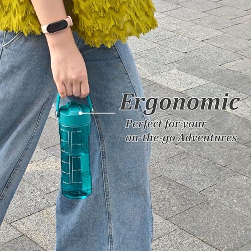 GOPPUS 600ml/20oz Clear Water Bottle with Straw, Tritan Leakproof Sports Drinking Bottle, BPA Free Wide Mouth Gym Bottle with Handle and Measurement Marks for School, Gym, Travel (Teal Blue) — view 6
