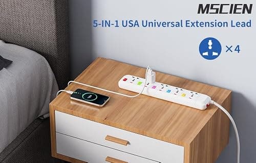 Mscien 5 Way Extension Lead with Switches, Travel Overload Protector Power Strip UK To USA with 1.8M Extension Cord — view 4
