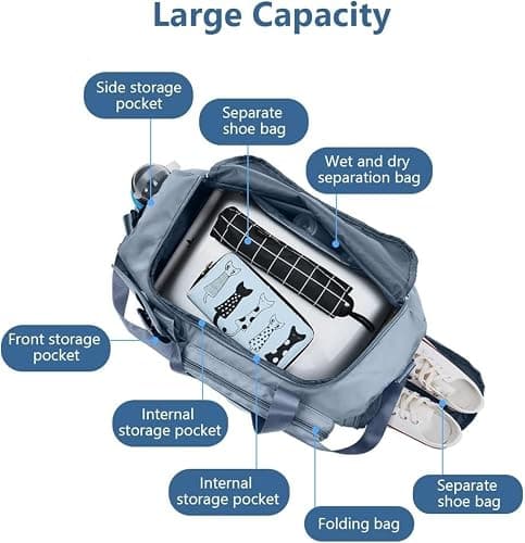 Sports Gym Bag Duffle Bag with Shoes Compartment & Wet Pocket，Weekend Travel Bag Overnight Bag for Women and Men Lightweight Holdall Hospital Overnight Bag - Weekend Bags, Hand Luggage Bag (Blue) — view 2