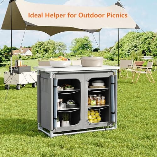 The Fellie Camping Kitchen Folding Camp cupboards Outdoor Kitchen Tables and Storage Units for Picnic and BBQ Grey, 100x50x80cm — view 2