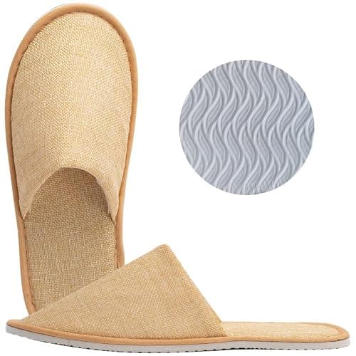 5 Pairs Linen Closed Toe Brown Spa Slippers Disposable Soft Hotel Guest Slippers Men and Women for Spa, Party Guest Visit, Hotel and Travel Non Slip Fits up to UK Men Size 8.5 and Women Size 9 (Brown) — view 2