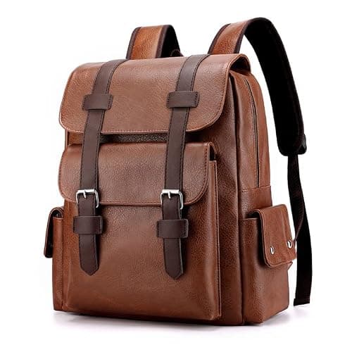 FUNSEED Backpack for Men, Large Capacity 15.6 Inch Laptop Bag, Vintage PU Leather Shoulder Bag for Travel, Work, light brown, L