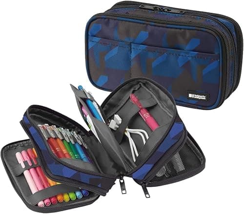 LIHITLAB Large Capacity Triple Zipper Pencil Case For School Office College, Big Capacity 8 Compartments Pencil Bag Holder Adults Teen Boys Girls, Travel Cosmetics Storage, Navy Camo (A7556-132) — view 2