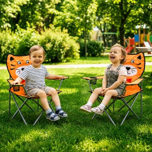 Envenzo Kids Folding Camping Chair, 4 Assorted Animal Designs, 600D Polyester, with Cup Holder and Security Lock, 35x35x60cm (1, ORANGE) — view 5