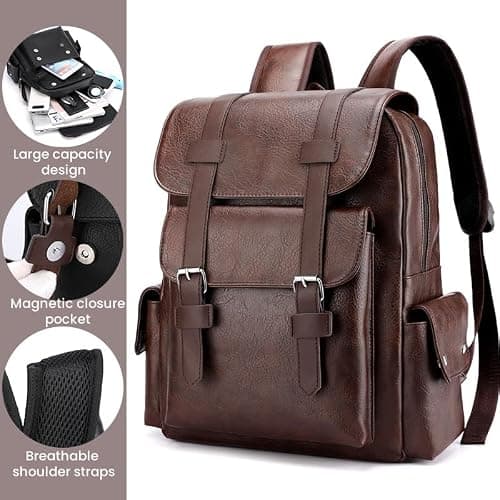 FUNSEED Backpack for Men, Large Capacity 15.6in Laptop Bag Vintage PU Leather Shoulder Bag for Travel Work, Brown, L, Fashion — view 3