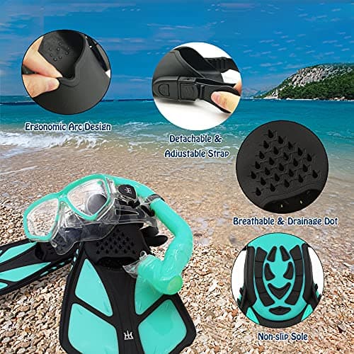 Kids Mask Snorkeling Set with Fins Anti Leak Snorkeling Gear for Kids with Adjustable Flippers, Youth Junior Full Dry Snorkel Set Swimming Goggles with Nose Cover Diving Mask Scuba with Bag, 5-14 Yrs — view 4