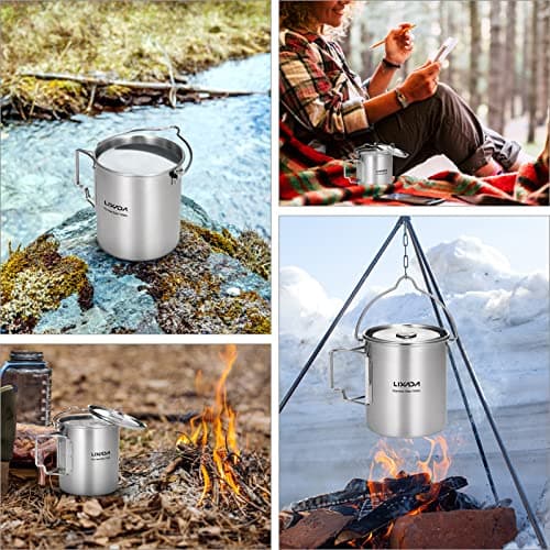 Lixada Camping Water Cup with Foldable Handles and Lid 750ml Stainless Steel Mug Hanging Pot for Camping Hiking Backpacking Picnic — view 5