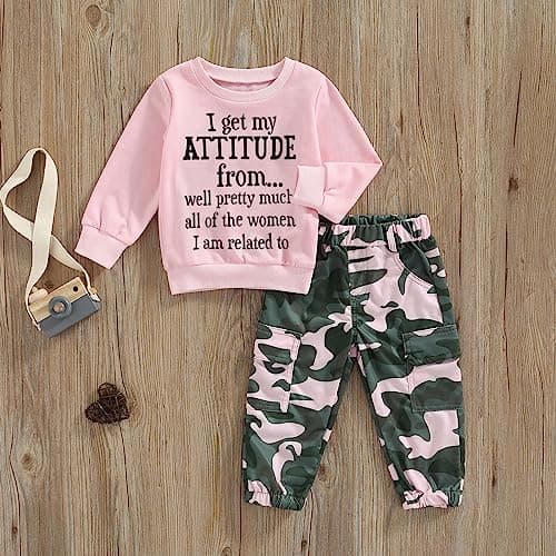 WWAYBEI Toddler Girls Clothes 1-6 Years Spring Fall Outfits Baby Letter Long Sleeve Pullover Sweatshirt Camouflage Pants Set (A# Pink, 4-5 Years) — view 3