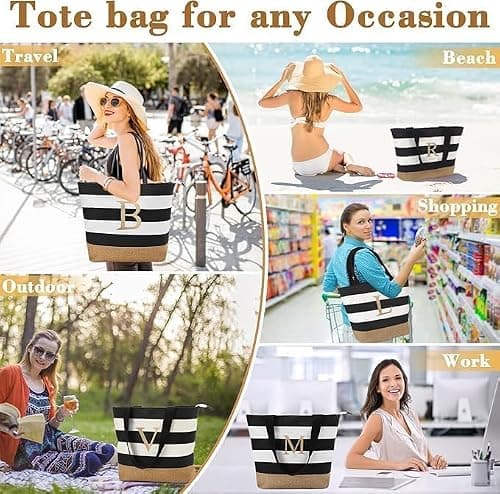 TAHAVICE Personalised Canvas Tote Bag for Women with Embroidered Initial, Large 25L Travel and Beach Bag with Zipper and Inner Pocket, Birthday Gift for Mum, Teacher, Friend — view 5