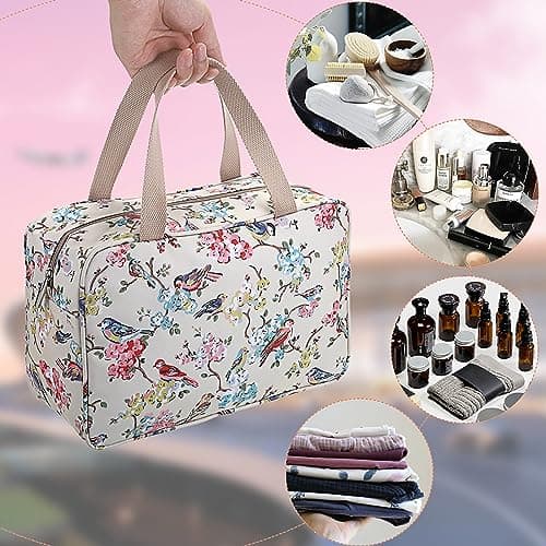 IGNPION Woman Large Travel Toiletry Bag Waterproof Wash Bag Make up Organizer Bag Cosmetic Bag Swimming Gym Bag (Beige,Bird) — view 6