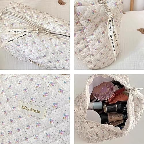 Aucuu Cotton Makeup Bag, Portable Travel Cosmetic Bag, Large Capacity Floral Toiletry Bags, Quilted Wash Bags Organizer for Women Girls — view 3
