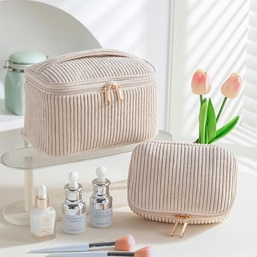 Aucuu Corduroy Cosmetic Bag, 3 Pcs Makeup Bag, Large, Medium and Small Cosmetic Bag, Striped Corduroy Portable Bag with Metal Zipper, Travel Cosmetic Bags Organizer for Women, Travel, School, Gift — view 5