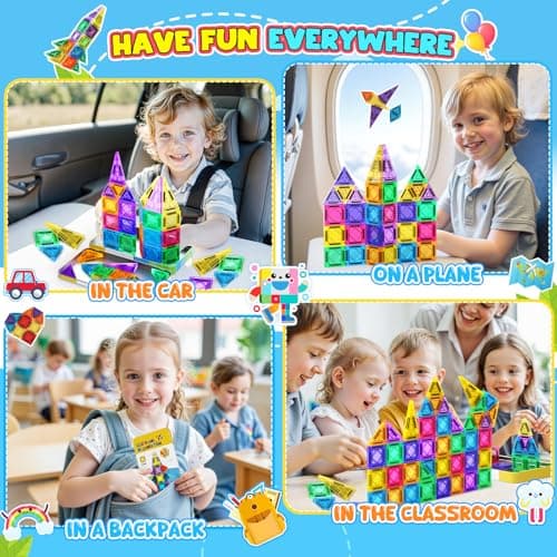 43Pcs Mini Travel Magnetic Tiles Set, Toys for 2 3 4 5 6 Year Old Boys Girls, Plane Activities for Kids, Toddlers Learning Toys Magnetic Blocks Building Travel Toys for Kids Birthday Gift for Kids — view 2
