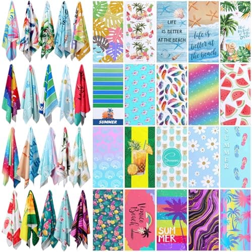 Newwiee 20 Pack Oversized Microfiber Beach Towels Bulk 28x59 Inch Sand Free Quick Dry Pool Towels Absorbent & Lightweight Travel Bath Blanket for Beach, Gym, Swim, Vacation, Vibrant Mixed Patterns